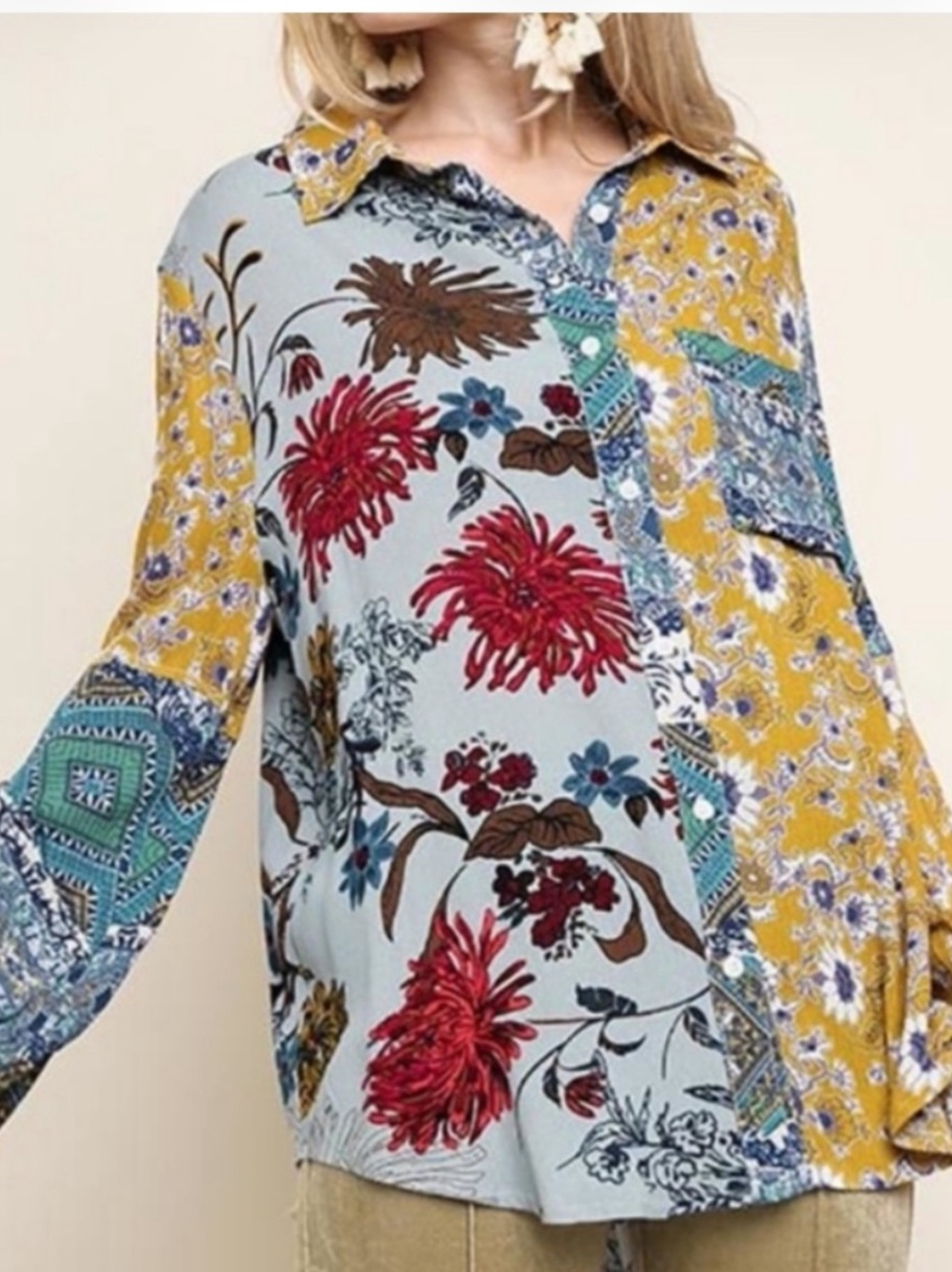 Umgee Womens Button Down Patchwork Gold & Blue Long Sleeve Shirt. Sz S